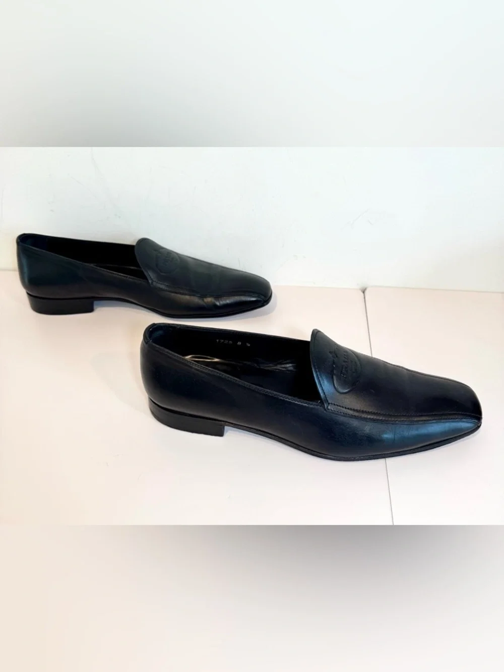 Prada Black Leather Logo Embossed Men’s Slip On Loafers, Sz 8.5